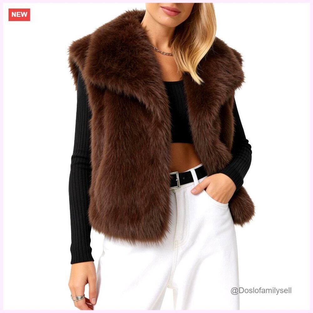 Cropped Faux Fur Vest Sleeveless Shawl Lapel Button Front Pockets